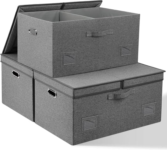 75 Quarts Extra Large Decorative Storage Bins with Lids, 3 Packs Gray Collapsible Storage Bins with Lids, Stackable Storage Bins Decorative Box Storage With Lid Extra Large-NeatNest