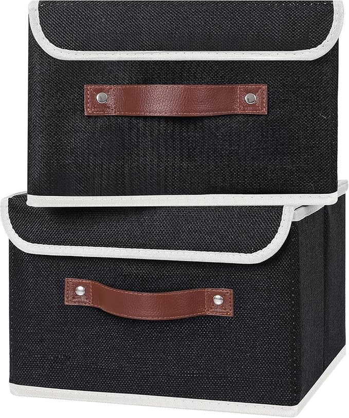 ANMINY 4PCS Storage Bins with Lid PU Leather Handles Storage Boxes PP Plastic Board Decorative Foldable Lidded Cotton Linen Fabric Home Cubes Baskets Closet Organizer Containers - Black, Small Size-NeatNest