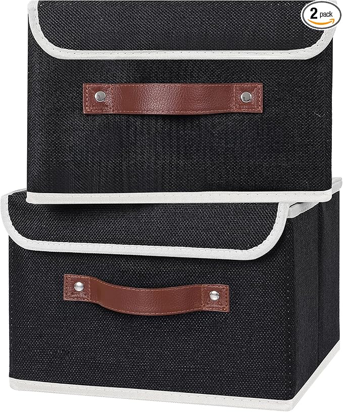ANMINY 2PCS Storage Bins with Lid PU Leather Handles Storage Boxes PP Plastic Board Decorative Foldable Lidded Cotton Linen Fabric Home Cubes Baskets Closet Organizer Containers - Black, Small Size-NeatNest