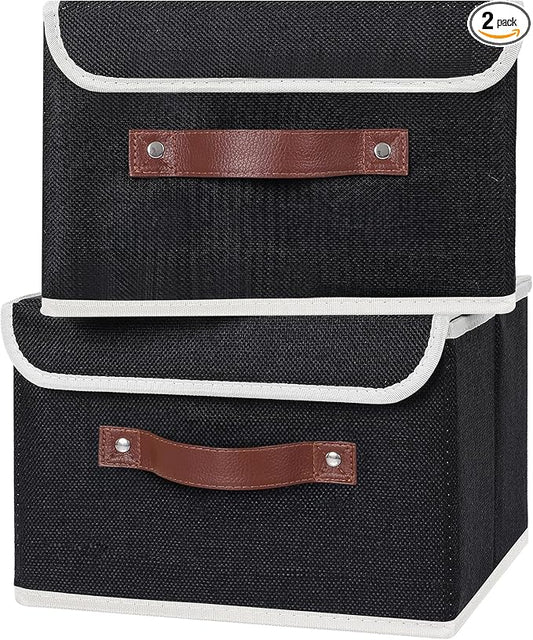 ANMINY 2PCS Storage Bins with Lid PU Leather Handles Storage Boxes PP Plastic Board Decorative Foldable Lidded Cotton Linen Fabric Home Cubes Baskets Closet Organizer Containers - Black, Small Size-NeatNest