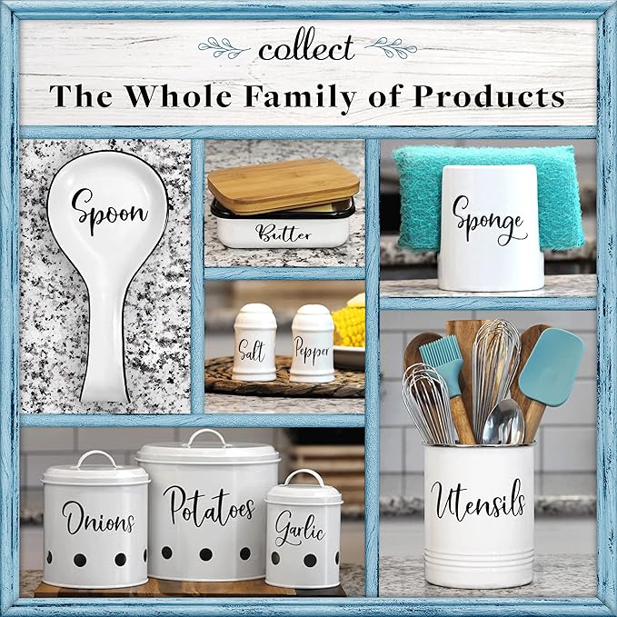 Home Acre Designs Vintage Farmhouse Utensil Holder - Stylish Countertop Organizer and Kitchen Decor Caddy - Stainless Steel Rim - White-NeatNest