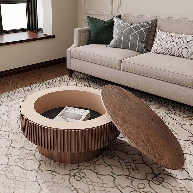 kevinplus 31.5'' Round Coffee Table with Storage Space, Modern Wood Circle Fluted Drum Pedestal Coffee Table for Living Room, Easy Assembly, Walnut (ø31.49'' x 14'')