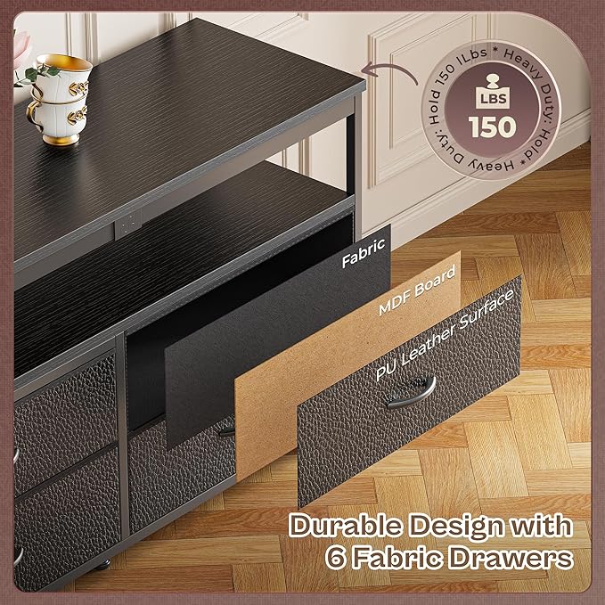 Huuger 63 Inch TV Stand for 55, 65, 70 Inch TV, Long Dresser TV Stand for Bedroom, Black LED TV Stand with Power Outlets, Fabric Drawer Dresser with Storage, Entertainment Center for Living Room-NeatNest