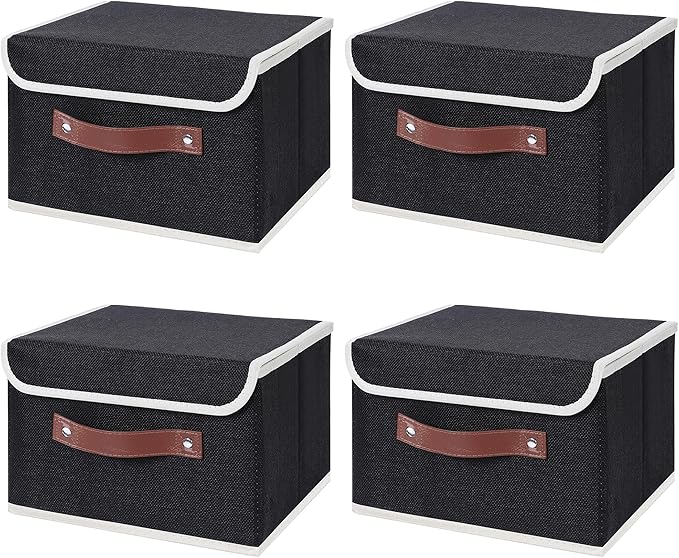 ANMINY 4PCS Storage Bins with Lid PU Leather Handles Storage Boxes PP Plastic Board Decorative Foldable Lidded Cotton Linen Fabric Home Cubes Baskets Closet Organizer Containers - Black, Small Size-NeatNest