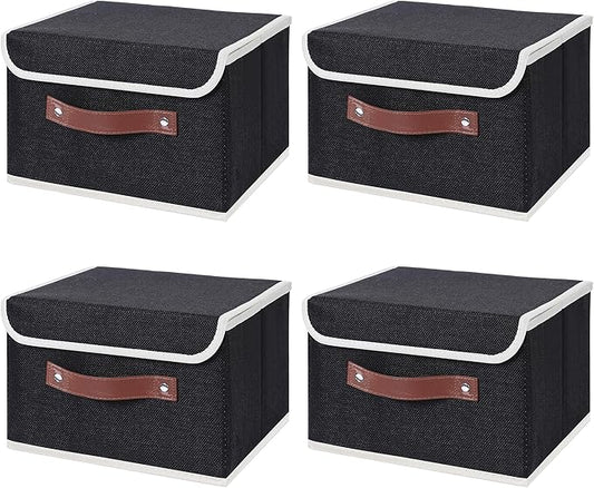 ANMINY 4PCS Storage Bins with Lid PU Leather Handles Storage Boxes PP Plastic Board Decorative Foldable Lidded Cotton Linen Fabric Home Cubes Baskets Closet Organizer Containers - Black, Small Size-NeatNest