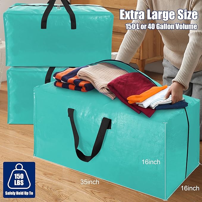 Cosy Family 8 Pack Heavy Duty Extra Large Moving Bags with Backpack Straps - Strong Handles & Zippers, Storage Totes For Space Saving, Fold Flat, Alternative to Moving Box (40 gal, Aquamarine)-NeatNest