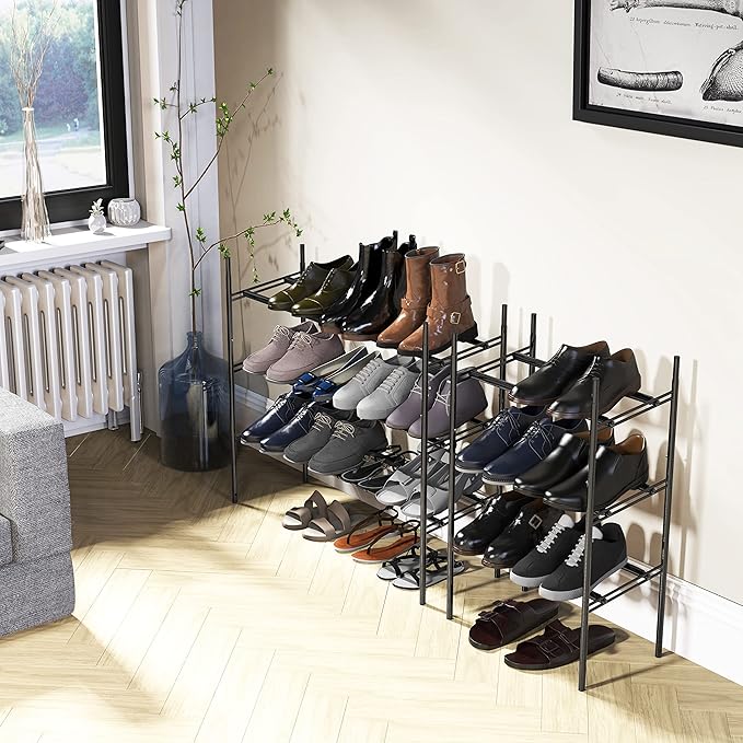 Simple Houseware 3-Tier Expandable and Stackable Shoe Racks with Shelves for 12 Pairs of Shoes, Black-NeatNest