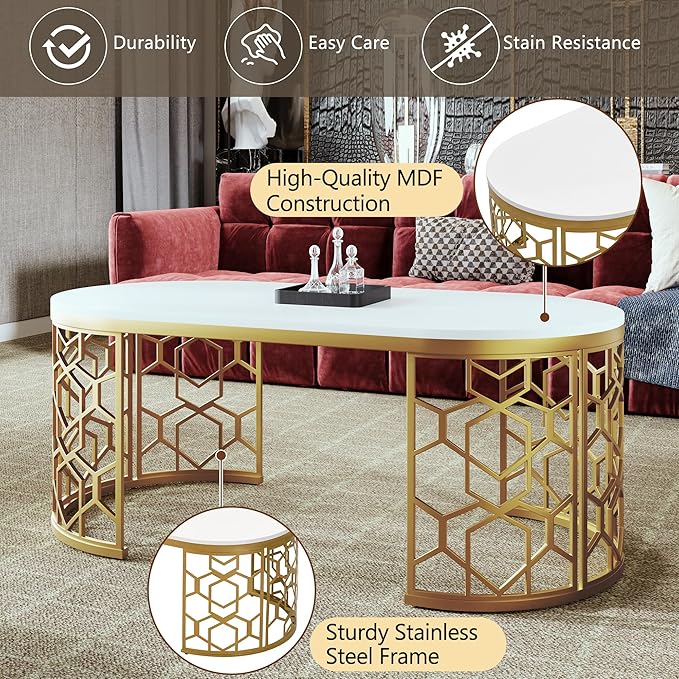 47.2" Modern Oval Coffee Table with Cut-Out Pattern Metal Stainless Steel Frame Multiple End Tables Sofa Table Utility Table for Living Room Office Bedroom Balcony, White & Gold