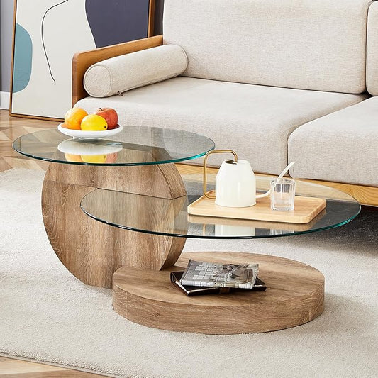 Glass Coffee Tables Round Coffee Tables for Living Room Modern 3 Tier Round Table Circle Coffee Table for Small Space Home Office (42 Inch Light Wood)