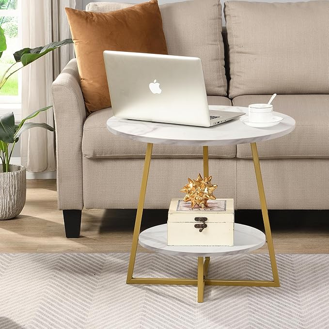 D&H FURNIMMT 20" Living Room Side Table for Small Spaces, 2 Tier Wood Top Round End Tables with Storage Shelf, Accent Sofa Table for Bedroom, Office, Sunroom, Balcony, White Faux Marble/Gold-NeatNest
