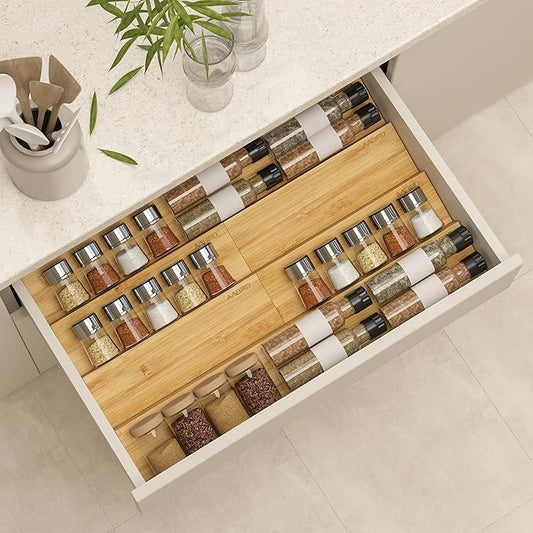AMBIRD Bamboo Spice Drawer Organizer with Non-slip Mat,4 Tier - 2 Set Jar Spice Rack Tray From 9.5''to 19'', Seasoning Organizer for Kitchen,Cabinet,Drawers,Countertop-NeatNest