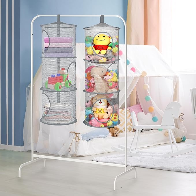 2Pcs Stuffed Animal Storage Foldable Stuffed Animal Net or Hammock Organizer, 3 Compartments Hanging Mesh Toy Storage Hammock for Kid Room Toys, Gloves, Hats, Socks（Grey）-NeatNest
