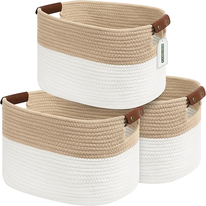 Cotton Rope Storage Baskets,15x10x9 in,Collapsible Storage Bins, Decorative Woven Basket Cube Storage Organizer for Laundry, Towel, Clothes (White/Beige-3Pack, 15x10x9 inches)-NeatNest