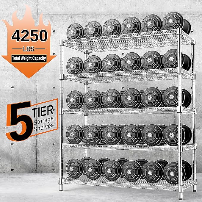 IZEUK 4250 LBS Garage Shelving Wide Storage Shelves 5 Tier Metal Shelves Heavy Duty Adjustable Utility Shelf Rack Chrome 17.7" D x 47.2" W x 70.4" H-NeatNest