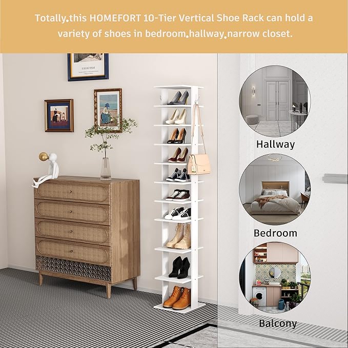 HOMEFORT 10-Tier Vertical Shoe Rack, Corner Shoe Tower, Slim Shoe Organizer with Two Hanging Hooks, Wooden Shoe Storage Stand for Entryway, Hallway, Closet (White)-NeatNest