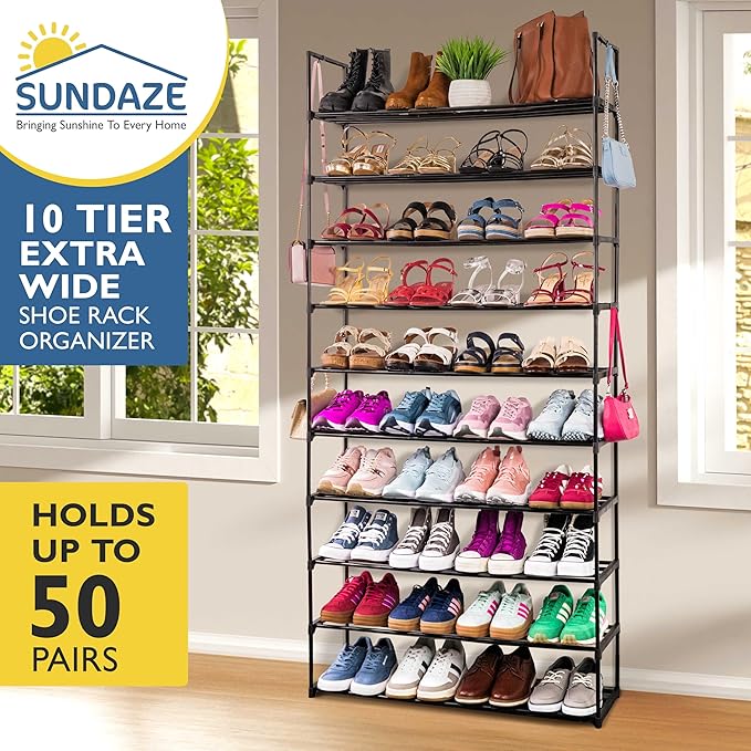 Sundaze Shoe Rack - 10 Tier Metal Shoe Rack for Front Door Entrance, Sturdy Tall Shoe Organizer for Closet, Bedroom, Entryway, Garage, Black Metal Shoe Shelf, Holds Up to 50 Pairs-NeatNest