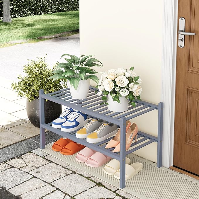 Smiry Shoe Rack, 2 Tier Thick Bamboo Shoe Organizer, Stackable Free Standing Wooden Shoe Storage Shelf for Closet, Entryway, Front Door Entrance, Grey-NeatNest