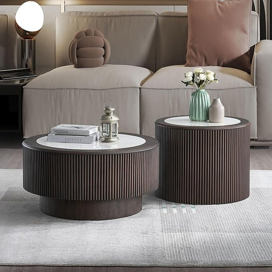 Modern Marble Pattern Round Coffee Table Set of 2,MDF End Table with Sturdy Pedestal for Living Room Office,(35.43" and 23.62",Dark Brown)