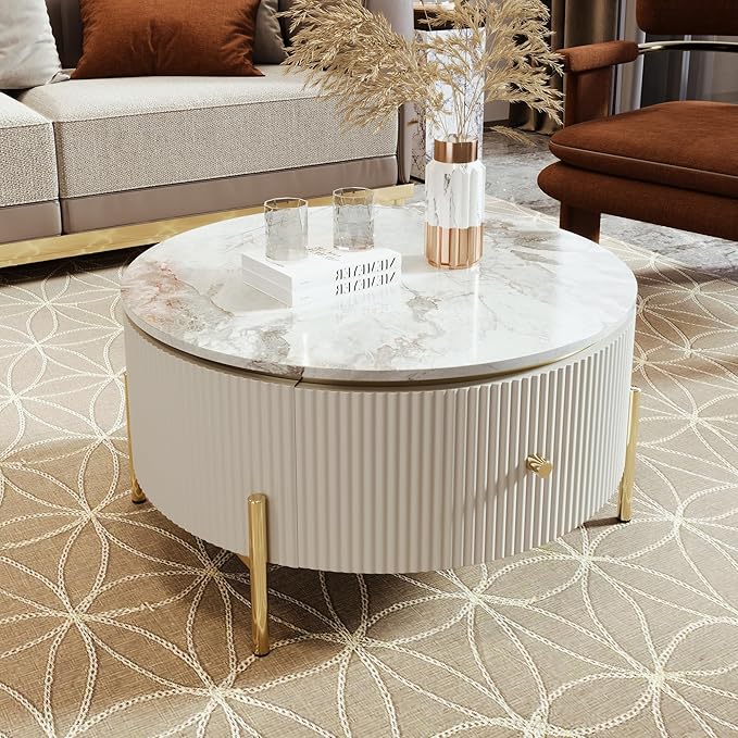31.5'' Modern Round Coffee Table with 2 Large Drawers Storage Accent Table for Living Room(31.5'')