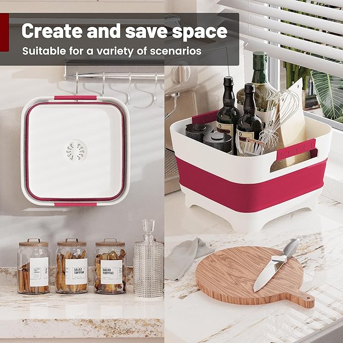 2.4 Gal Collapsbile Wash Basin with Drian Plug,9L Dish Pan for Soaking Baby Bottles,Portable Sink, Multiuse Foldable Bucket,Ice Beverage Tubs for Camping, Vegetable Washing, RV (Viva Magenta)-NeatNest