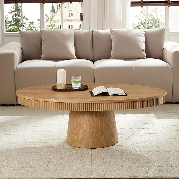 Coffee Table Modern Oval Wood Coffee Tables Mid Century Center Fluted Farmhouse Drum Tea Boho Wooden for Living Room Apartment Home Office Oka 47.24" W x 26.77" D x 15.86" H-NeatNest
