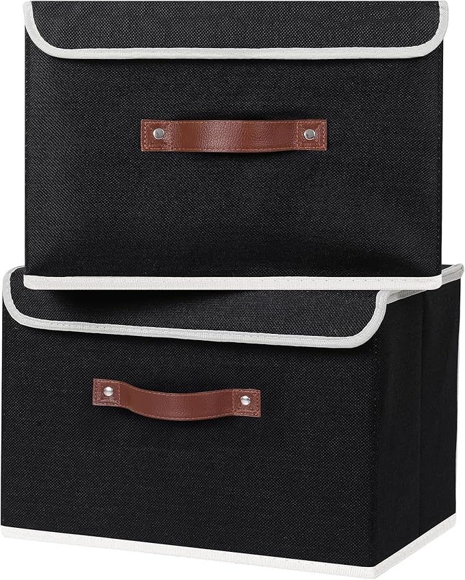 ANMINY 4PCS Storage Bins with Lid PU Leather Handles Storage Boxes PP Plastic Board Decorative Foldable Lidded Cotton Linen Fabric Home Cubes Baskets Closet Organizer Containers - Black, Large Size-NeatNest