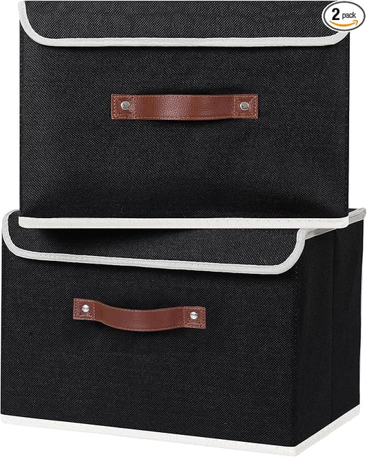 ANMINY 2PCS Storage Bins with Lid PU Leather Handles Storage Boxes PP Plastic Board Decorative Foldable Lidded Cotton Linen Fabric Home Cubes Baskets Closet Organizer Containers - Black, Large Size-NeatNest