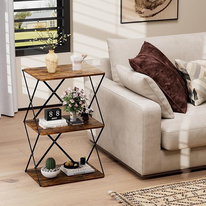 3-Tier End Table Set of 2 Small Side Table Tall Bedside Night Stand with Storage Sofa Side desks for Living Room Bedroom Office Bathroom Small Space Rustic Brown ET-03RB-2