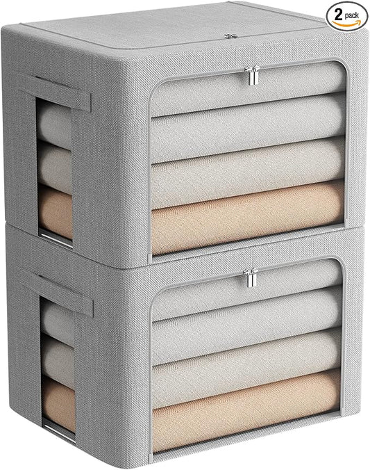 2 Pack Clothes Storage Bins Stackable Metal Frame Storage Box Large Capacity Foldable Linen Fabric Box Organizer with Carrying Handles and Clear Window (Light Gray, 19.7x 15.7x 12.6 Inch)-NeatNest