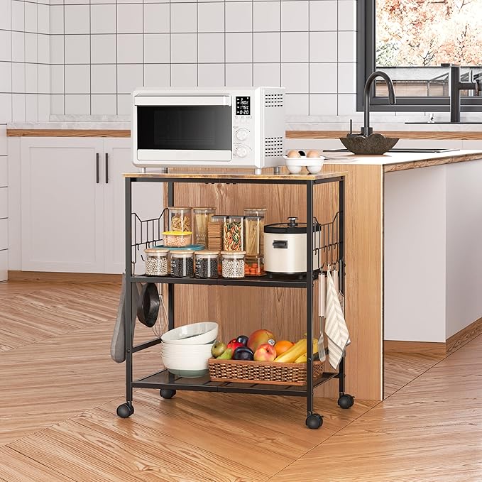 Rolling Kitchen Microwave Cart with Wheels, 3 Tier Microwave Storage Cart with Adjustable Shelves, Coffee Table, Utility Cart for Kitchen, Living Room, Office, Laundry Room