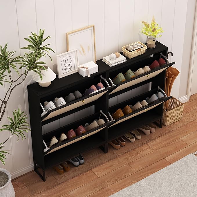 AVZEAR Narrow Shoe Cabinet with 2 Flip Drawer, Freestanding Shoe Organizer Shoe Cabinet Storage for Entryway, Slim Shoe Storage Shoe Rack for Closet with Linen Doors in Hallway, Living Room(Black)-NeatNest