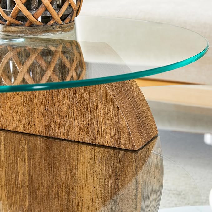 Glass Coffee Tables Round Coffee Tables for Living Room Modern 3 Tier Round Table Circle Coffee Table for Small Space Home Office (35.4 Inch White + Wood)
