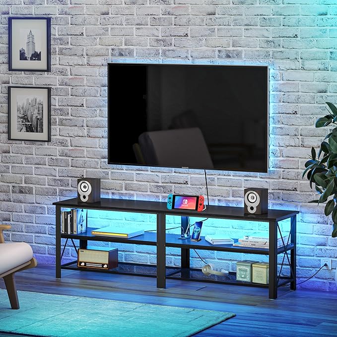 Clikuutory Modern Black 63 inch Metal TV Stand with LED Lights and Power Outlets for 40 50 55 60 65 70 Inch TVs, 3 Tier Television Stands with Entertainment Center and Storage for Living Room, Bedroom-NeatNest