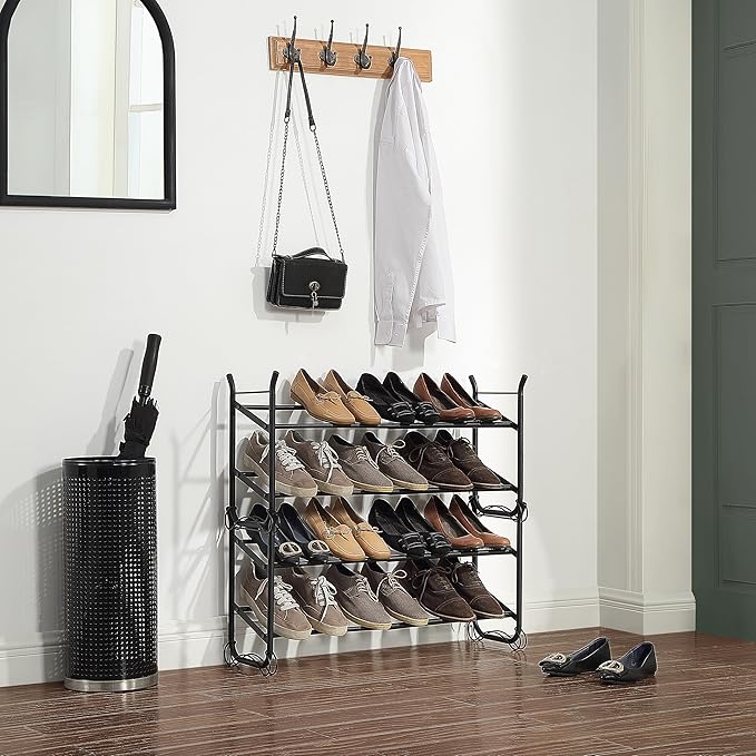 SunnyPoint Expandable & Stackable 2-Tier Shoe Rack – Adjustable Shoe Organizer for Entryway, Closet or Bedroom, Holds 4 to 8 Pairs, Space-Saving Metal Shoe Storage Shelf (17.5"–31.49" W) (BLK, 2 Tier)-NeatNest