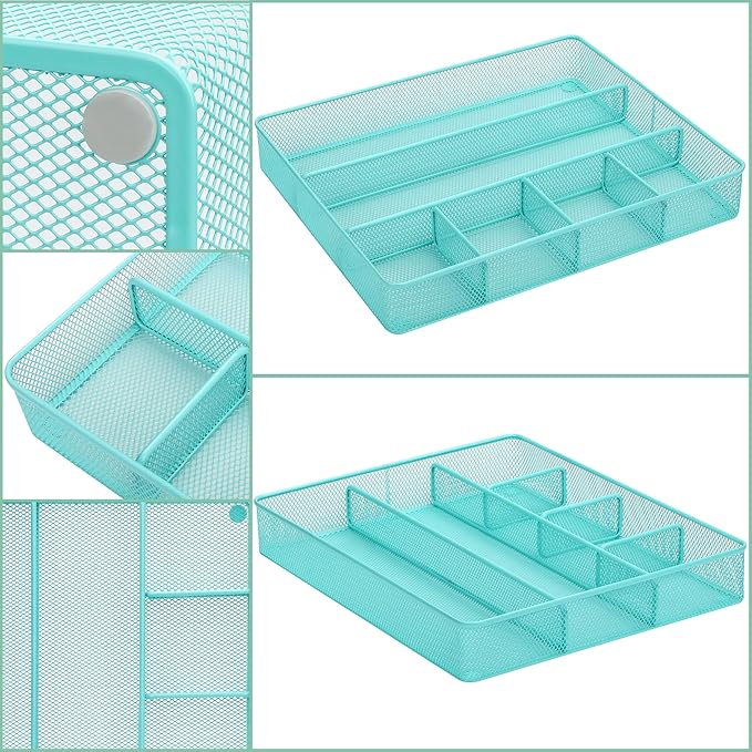 Annova Desk Top Organizer Tray for Office Organization - Metal Mesh - Storage Tray with Dividers for Pens, Desktop Accessories, Bathroom, Kitchen, Makeup and Office Supplies (Large, Turquoise)-NeatNest
