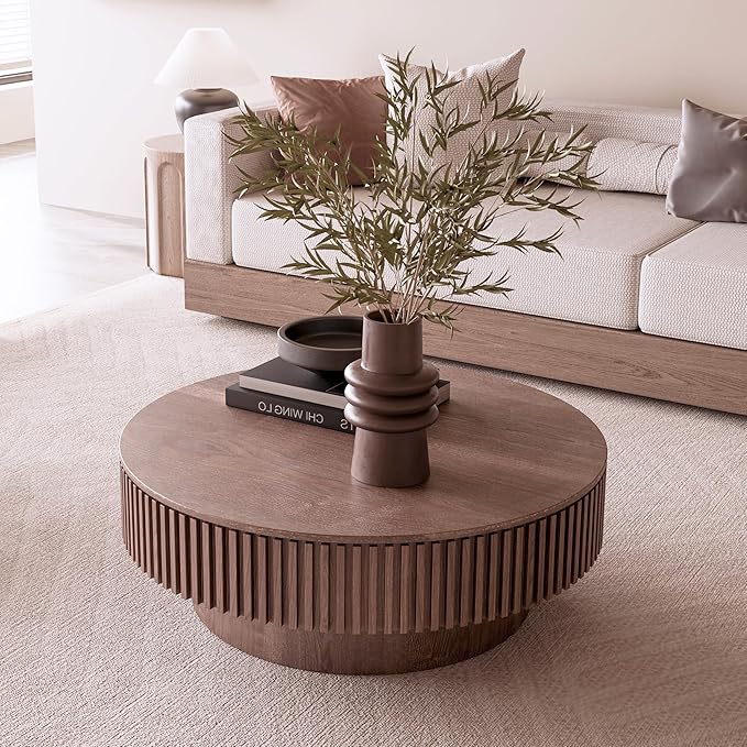 kevinplus 39.37'' Walnut Round Coffee Table Modern Wood Circle Fluted Drum Pedestal Coffee Table with Storage Space for Living Room, Easy Assembly, Walnut
