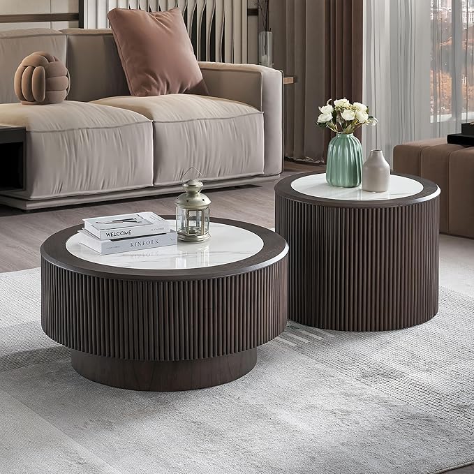 Modern Marble Pattern Round Coffee Table Set of 2,MDF End Table with Sturdy Pedestal for Living Room Office,(35.43" and 23.62",Dark Brown)