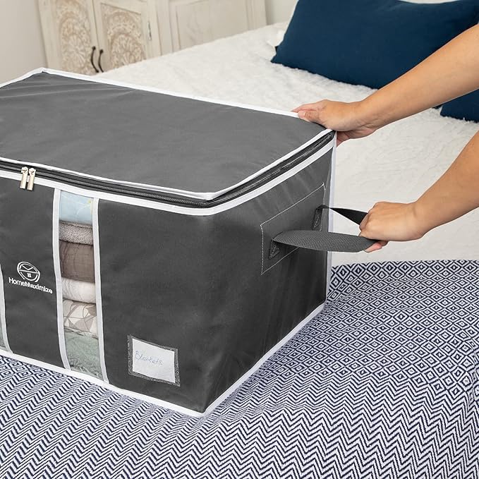 Clothes Storage Bag Organizer for, Blankets, Clothing, Comforters and Bedding Sets - Stackable with Zippers - Clear Window - 3 Pack Grey-NeatNest