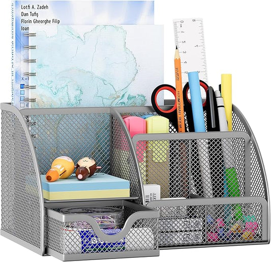EasyPAG Mesh Desk Organizer, Multi-functional Stationery Organizer for School Supplies, Office Pen Holder for Desk, 6 Compartments Dorm Organization with Drawer, Silver
