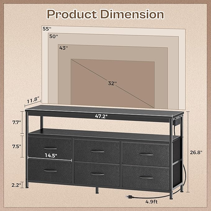 Huuger LED TV Stand for Bedroom, 47 Inch Dresser TV Stand for 43, 50, 55 Inch TV, Black TV Stand with Storage, Entertainment Center with Power Outlets, 6 Drawer Fabric Dresser for Living Room-NeatNest