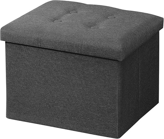 AmasSmile Storage Ottoman Folding Foot Rest Stool, 17 inches Linen Footstool Bench, Short Ottoman Bench, Storage Foot Rest Store, Books, Dark Grey