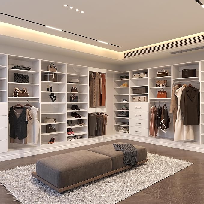 2 Drawer Short Tower Closet Unit, Modular Closet System, Wood Closet System Organizer with Storage for Walk In Closets, Clothing Rack Closet for Hanging Clothes, Bedroom, White, 19.5"W