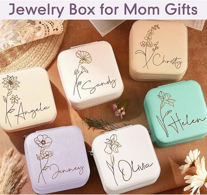 DayOfShe Mom Gifts Travel Jewelry Box with Birth Flower and Name Personalized Small Jewelry Case for Mother Birthday Gifts Bridesmaid Gifts-NeatNest