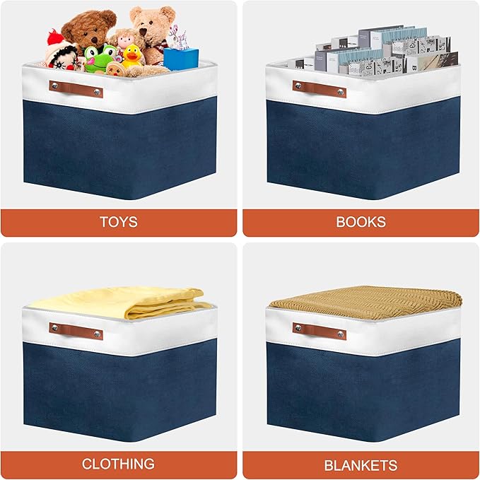 13in Open Fabric Storage Basket with Leather Handles for Organizing, Collapsible Linen Closet Bins for Shelves, Closets, Laundry, Decorative Basket for Gifts. (White＆Blue, 2PCS/13x13in)-NeatNest