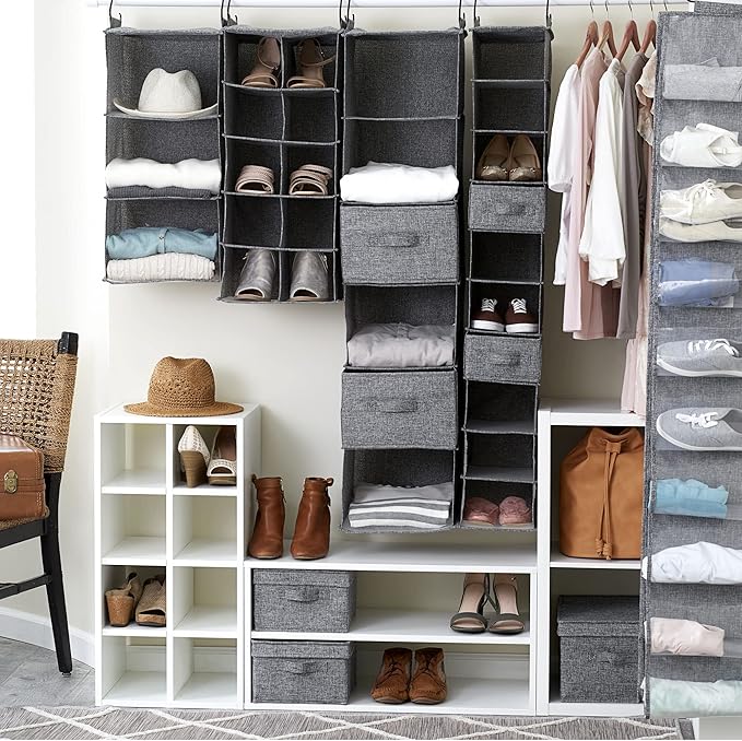 Household Essentials 3 Shelf Hanging Closet Organizer, Hanging Shelf with Hooks, Poly Linen and PEVA Shelving-NeatNest