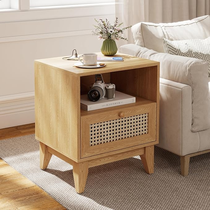 Rattan Bed Side Tables of 2 with Charging Station Wood Farmhouse Nightstands Set of 2 with USB and Type-C Ports for Bedroom Oak Rustic End Table with Drawer and Opening Shelf for Living Room