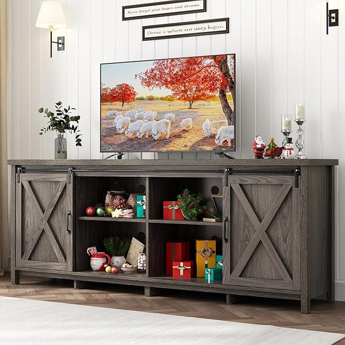 70In Farmhouse TV Stands for 70 75 80inch TV w/Adjustable Shelves,Sliding Barn Door.Rustic Wooden Entertainment Center,TV Console Grey Cabinet w/Storage for Bedroom Living Room(Dark Grey 70in)-NeatNest