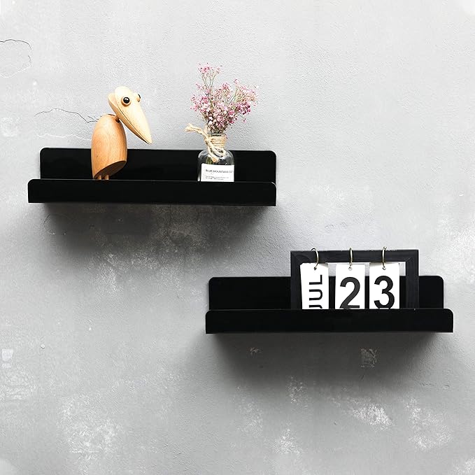 IEEK 15 Inch Black Acrylic Floating Wall Ledge Shelf,Wall Mounted Nursery Kids Bookshelf,5MM Thick Home/Office/Bathroom Storage Shelves Display Organizer Set of 3-NeatNest