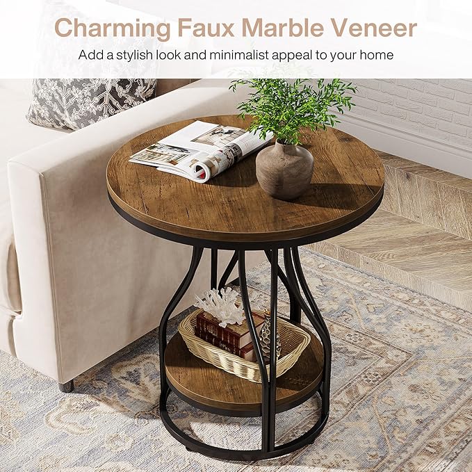 Tribesigns Round Side End Table 2-Tier End Tables Modern Bedside Table Small Chirside Tables with Storage for Couch Side, Nightstand with Metal Frame for Living Room (2, Brown+Black)