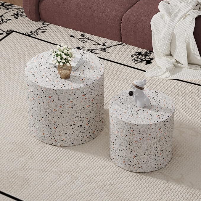 Round Nesting Coffee Table Set of 2 Modern Wood Coffee Tables Handcraft Drum Coffees Table Farmhouse Round Sofa Side Tables End Table for Living Room Small Spaces (Terrazzo)